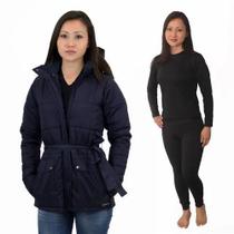 Casaco feminino Acolchoado Impermeável com cinto + Calça Térmica Frio Intenso Neve Inverno