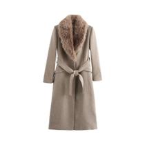 Casaco Feminino Com Gola De Pele E Lapela, Botão Único, Com Cinto, Mistura De Lã Para Outono E