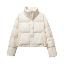 Casaco Feminino Curto De Inverno Acolchoado Com Gola Alta, Algodão E Bolsos, Abotoamento Simples,