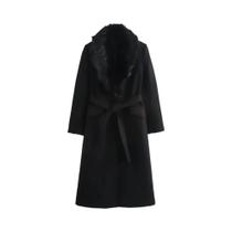 Casaco Feminino De Lã Com Gola De Pele E Cinto, Abotoamento Simples, Outono Inverno Casaco Feminino De Lã Com Gola De Pele E Cinto, Abotoamento Simples, Outono Inverno