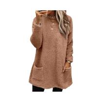 Casaco Feminino De Lã Quente Para Outono Inverno, Estilo Casual Urbano, Camiseta Solta Com Bolsos