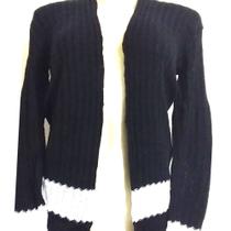 Casaco Feminino em tricô preto com branco Off com barra preta