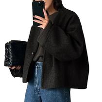 Casaco feminino HOTIAN com decote em V, mistura de lã, curto, outono e inverno, preto