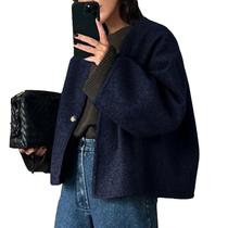 Casaco feminino HOTIAN com decote em V, mistura de lã, curto, outono, inverno, azul marinho