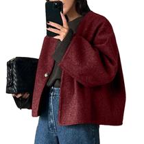 Casaco feminino HOTIAN com decote em V, mistura de lã, curto, outono, inverno, vermelho