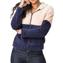 Casaco Feminino Pelúcia Com Capuz e Zíper Azul Marinho Zune