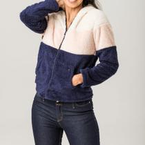 Casaco Feminino Pelúcia Com Capuz e Zíper Azul Marinho Zune