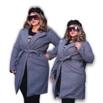 Casaco Feminino Plus Size Sobretudo Tecido Lã Batida Bolso e Faixa
