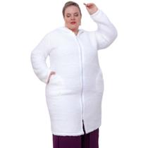 Casaco feminino teddy micropolar longo capuz e ziper bolsos laterais peluciado internamente felpudo sobretudo comprido plus size 48 ao 62 - GG ao G4 - Gamboa Vestuarios