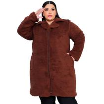 Casaco feminino teddy sherpa longo gola aberta e ziper bolsos laterais pelucia plus size GG a G4 bomber felpudo 48 ao 62