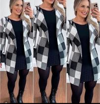 casaco feminino tipo cardigan estampa xadrez, kimono de frio, sobretudo tricô/tricot