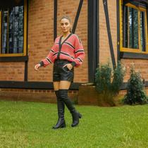 Casaco feminino trico aberto listrado cardigan com botões - Tamanho M - Cor Rosa Casaco feminino trico aberto listrado cardigan com botões - Tamanho M - Cor Rosa