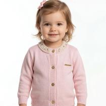 Casaco Gola Bordada Pérolas Tricô Kids Rosa Claro Casaco Gola Bordada Pérolas Tricô Kids Rosa Claro