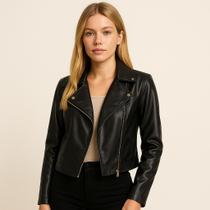 Casaco Jaqueta Couro Preto Com Zíper Inverno Frio Moda Feminina Tendência