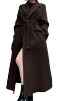 Casaco longo feminino CHARTOU de lã, transpassado e com cinto