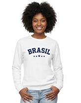 Casaco Moletom Brasil Azul Feminino Gola Careca Preto Branco e Cinza