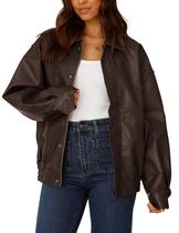 Casaco Oversized de material sintético com Zíper PRETTYGARDEN Café Escuro XS Casaco Oversized de material sintético com Zíper PRETTYGARDEN Café Escuro XS