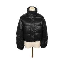Casaco Parka Feminino De Couro PU Preto Grosso E Quente, Jaqueta De Inverno Com Zíper, Top Elegante Casaco Parka Feminino De Couro PU Preto Grosso E Quente, Jaqueta De Inverno Com Zíper, Top Elegante