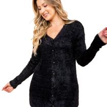 Casaco Pelinho Alongado Botões Premium Tendência