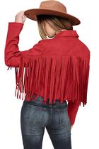 Casaco PRETTYGARDEN Feminino em Camurça Sintética com Franjas Vermelho XX-GG