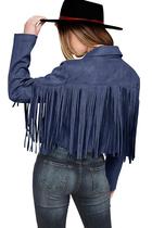 Casaco PRETTYGARDEN Haze Blue Cropped Fringe, jaqueta grande