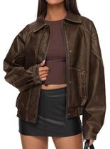 Casaco PRETTYGARDEN Jaqueta Bomber Feminina de material sintético Marrom M Casaco PRETTYGARDEN Jaqueta Bomber Feminina de material sintético Marrom M