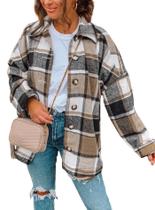 Casaco PRETTYGARDEN Jaqueta Shacket Xadrez Manga Longa P ao G Casaco PRETTYGARDEN Jaqueta Shacket Xadrez Manga Longa P ao G