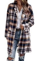 Casaco PRETTYGARDEN Shacket Xadrez em Lã Marrom Tamanho Grande Casaco PRETTYGARDEN Shacket Xadrez em Lã Marrom Tamanho Grande