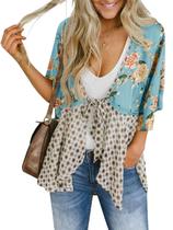 Casaco quimono Saodimallsu feminino com gravata frontal floral azul Casaco quimono Saodimallsu feminino com gravata frontal floral azul