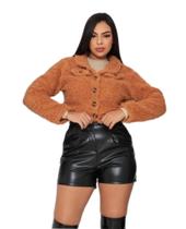 Casaco teddy curto blusa de frio feminina pelinhos manga longa