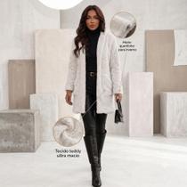 Casaco Teddy Feminino Alongado Peluciado Com Bolsos Inverno Branco