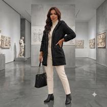 Casaco Teddy Feminino Alongado Peluciado Com Bolsos Inverno Preto Casaco Teddy Feminino Alongado Peluciado Com Bolsos Inverno Preto