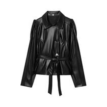 Casaco Trench Cropped Feminino Preto De material sintético Com Cinto HXAO Jaqueta De Manga Longa Casaco Trench Cropped Feminino Preto De material sintético Com Cinto HXAO Jaqueta De Manga Longa