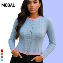 Casaco Tricot Modal Manga Longa Botões Casaco Tricot Modal Manga Longa Botões