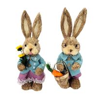 Casal De Coelho De Palha Girassol 35Cm Decoração De Páscoa