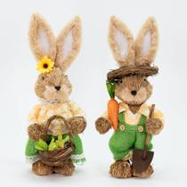 Casal De Coelhos De Páscoa Enfeite Coelhinhos Floridos 33cm