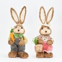 Casal De Coelhos Páscoa Coelhinhos Decoração em Palha 45cm