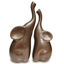 Casal de Elefantes Estatueta Enfeite decoração estante sala mesa rack ceramica cor Champanhe