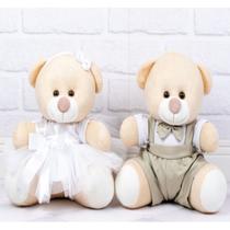 CASAL DE URSOS PAJEM CAQUI DAMINHA BRANCA PADRAO - PELUCIA 26cm