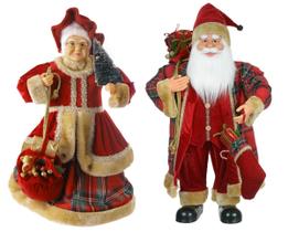 Casal Mamãe Noel e Papai Noel Xadrez com Saco Presente 45 cm