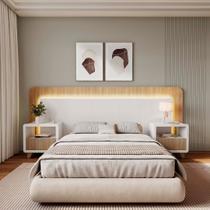 Casal Queen com 2 Mesas de Cabeceira Led 3000k e Tomadas 100% Mdf Mabel Branco/Louro Freijó Grann