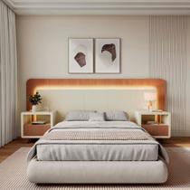 Casal Queen com 2 Mesas de Cabeceira Led 3000k e Tomadas 100% Mdf Mabel Marrom Off White/Castanho Casal Queen com 2 Mesas de Cabeceira Led 3000k e Tomadas 100% Mdf Mabel Marrom Off White/Castanho