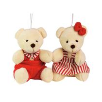 Casal Ursinho Pelúcia Pendente Natal Creme Roupa Vermelha Listrada 10cm - Magizi - Yangzi