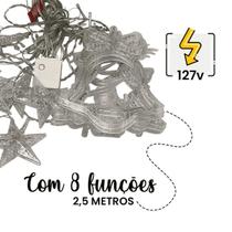 Cascata De Figuras Símbolos Natalinos 8 Funções 120 Leds Pisca-pisca - Branco Quente -127V ou 220V