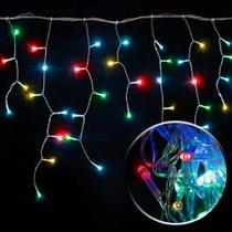 Cascata Pisca Colorido 127V Fio Transparente Com 100 LEDs Coloridos Distribuídos em 1,9 m 8F Cascata Pisca Colorido 127V Fio Transparente Com 100 LEDs Coloridos Distribuídos em 1,9 m 8F