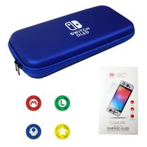 Case Nintendo Switch Oled Azul+ 4 Grips + Película Vidro - 123Games