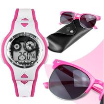 Case premium + relogio led digital infantil rosa + oculos criança ajustavel qualiadde premium rosa