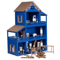 Casinha De Boneca Azul + 36 móveis + parquinho Montada Nome LED - Lopes MDF