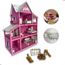 Casinha De Boneca Brinquedo Infantil Em Mdf Rosa + 19 Mini Moveis