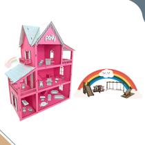 Casinha De Boneca Brinquedo Infantil Em Mdf Rosa + 19 Mini Moveis